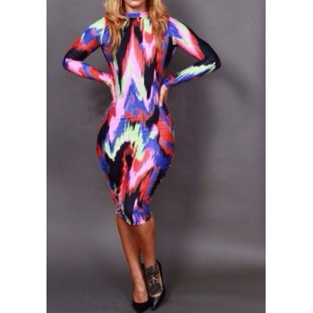Trendy Style Round Collar Long Sleeve Print Backless Bodycon Dress For Women